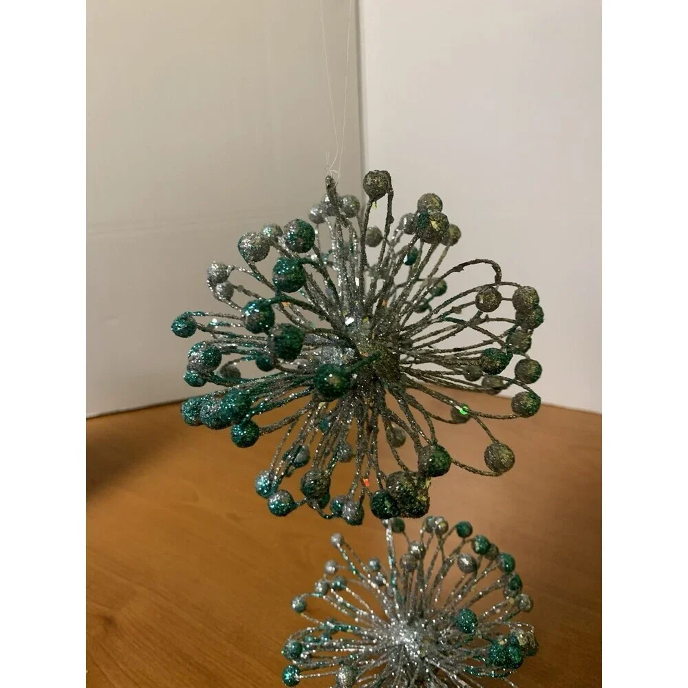 Lot Of 2 Star Burst Christmas Ornaments Silver And Blue  5”
